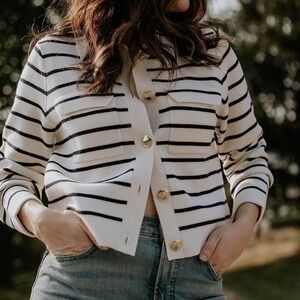 Sezane Betty Cardigan Women's Medium Cream Navy Paris Knit Sweater Size M 0060